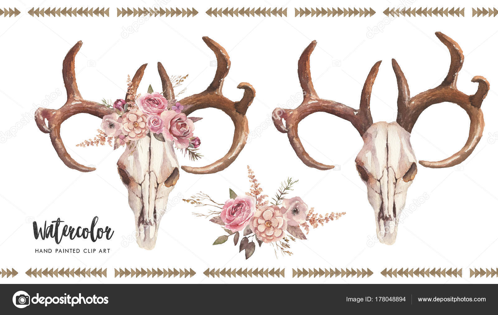 Watercolor Deer Skull With Flowers - HD Wallpaper 