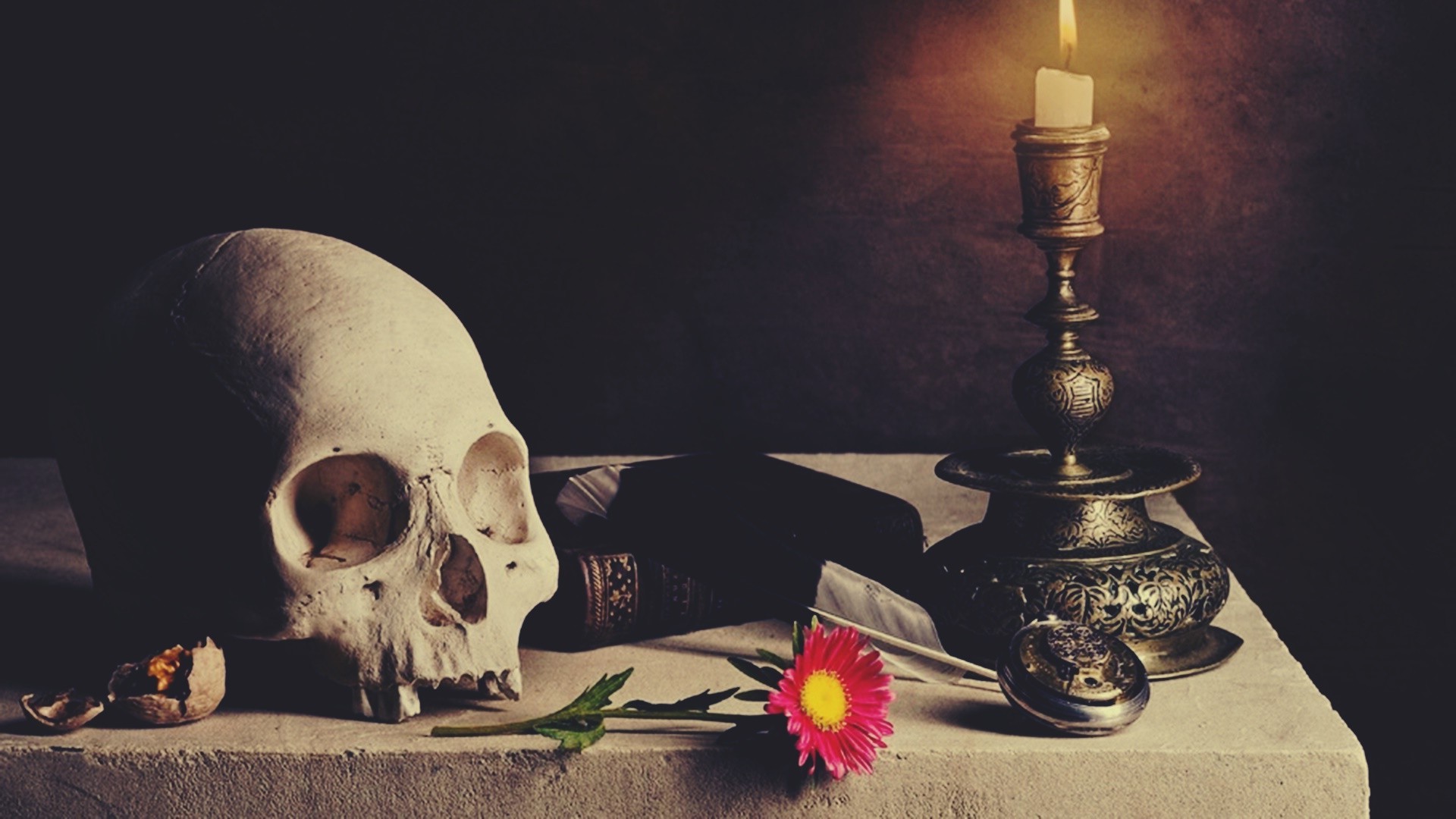Skull And Candle On Table - HD Wallpaper 