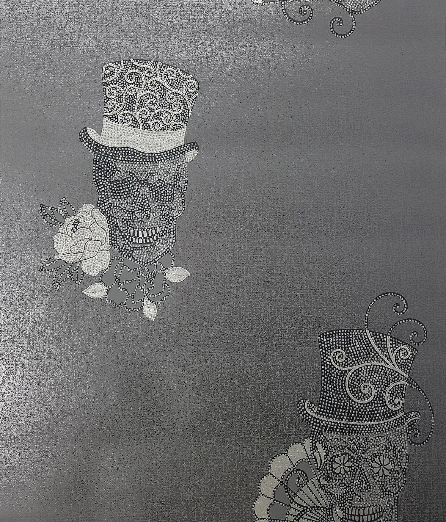 Sugar Skulls Glitter Wallpaper Black Silver Metallic - Monochrome - HD Wallpaper 