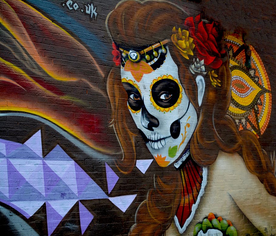 Woman In Sugar Skull Face Paint Wall Artwork, Graffiti, - Canvas Urban Art - HD Wallpaper 