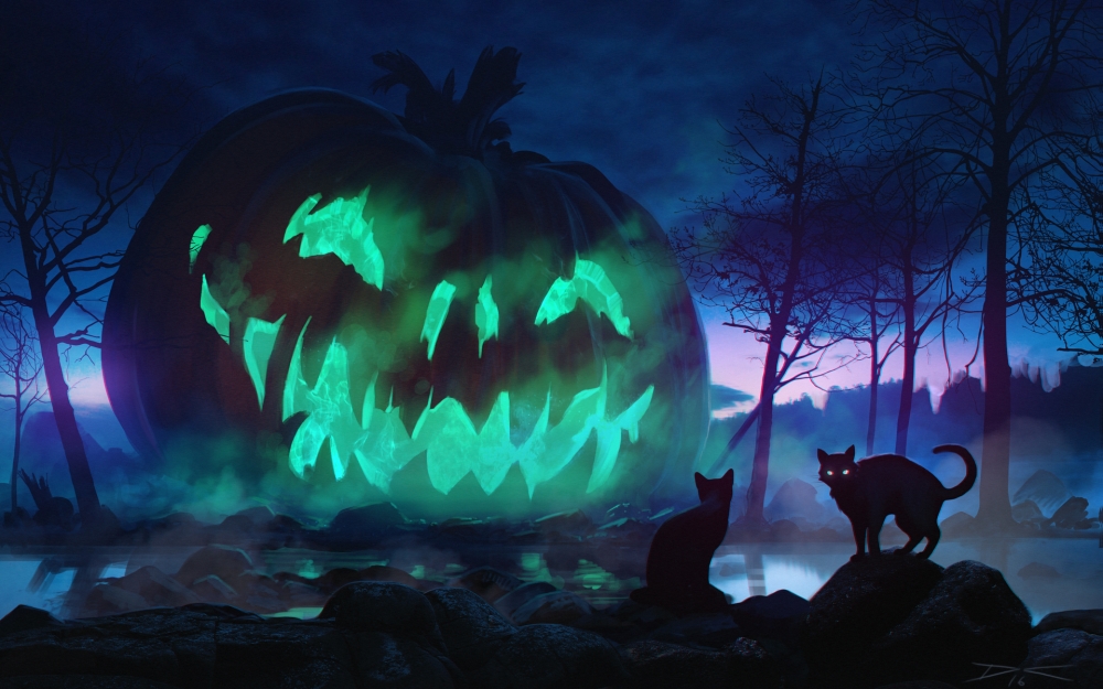 Halloween, Giant Pumpkin, Scary, Cats, Dark Theme, - Обои На Рабочий Стол Хэллоуин - HD Wallpaper 