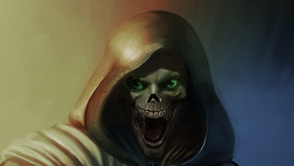 Hood, Fantasy, Horror, Horror, Death, Art, Skull Desktop - Death With Green Eyes - HD Wallpaper 