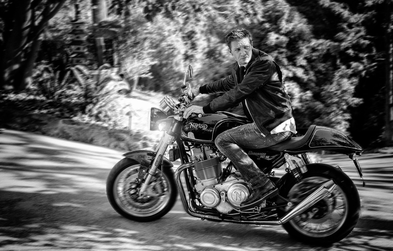 Photo Wallpaper Road, Trees, Jeans, Blur, Jacket, Motorcycle, - Jeremy Renner Motorcycle - HD Wallpaper 
