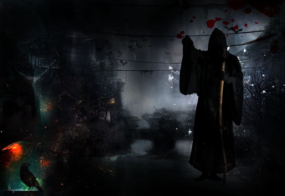 Black Grim Reaper Painting, Death, Dark, Horror, Raven, - Halloween Dark - HD Wallpaper 