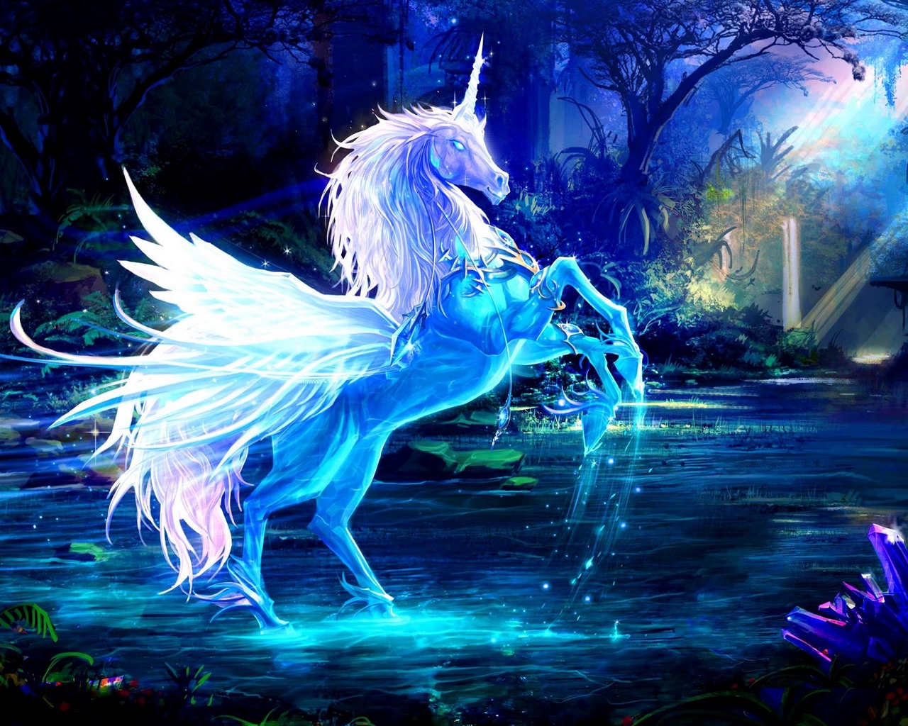 Wallpaper Unicorn, Water, Forest, Night, Magic - Unicorn Beautiful - HD Wallpaper 