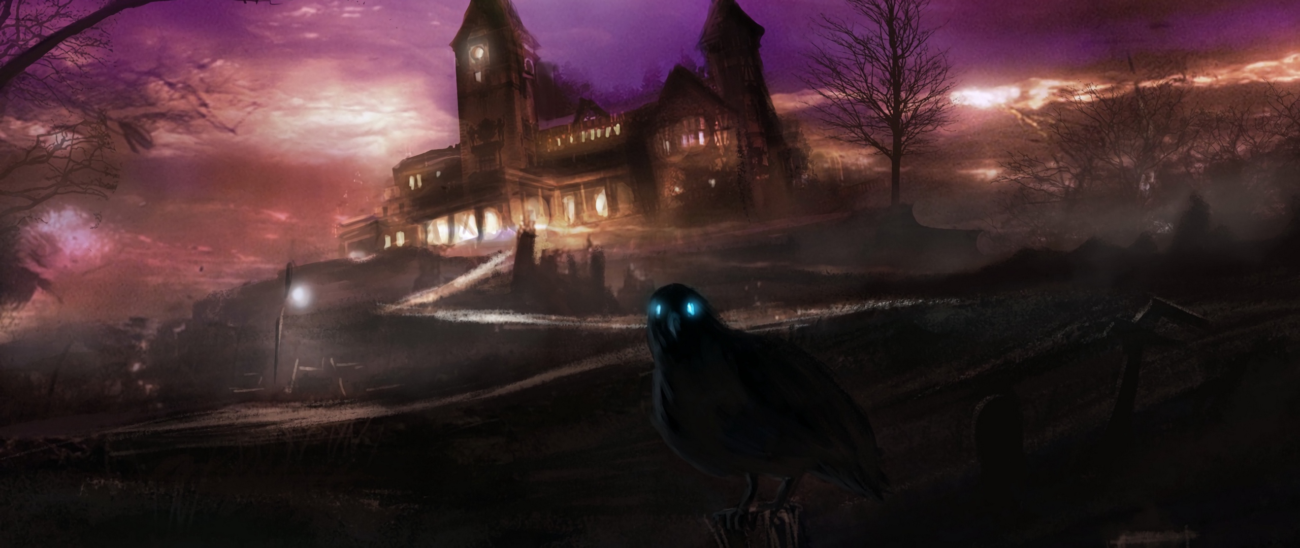 Dark Cherry Flower Crow Wallpaper Wallpaper Crows, Creepy, House, Hill, Dark - Creepy Hill - 2560x1080