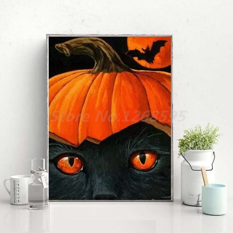 Black Cat Halloween Painting - HD Wallpaper 