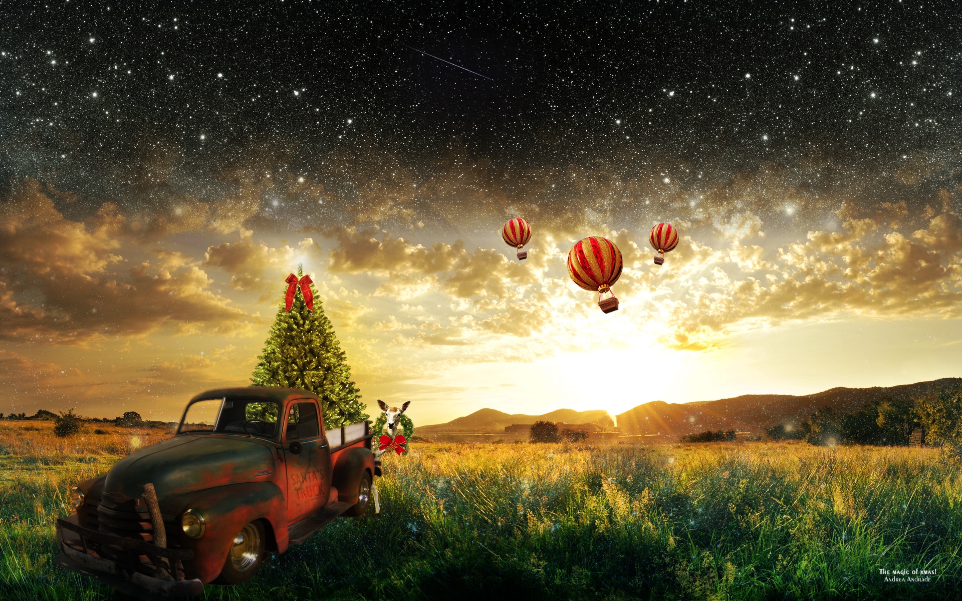 Christmas Magic - Red Truck Christmas Desktop - HD Wallpaper 