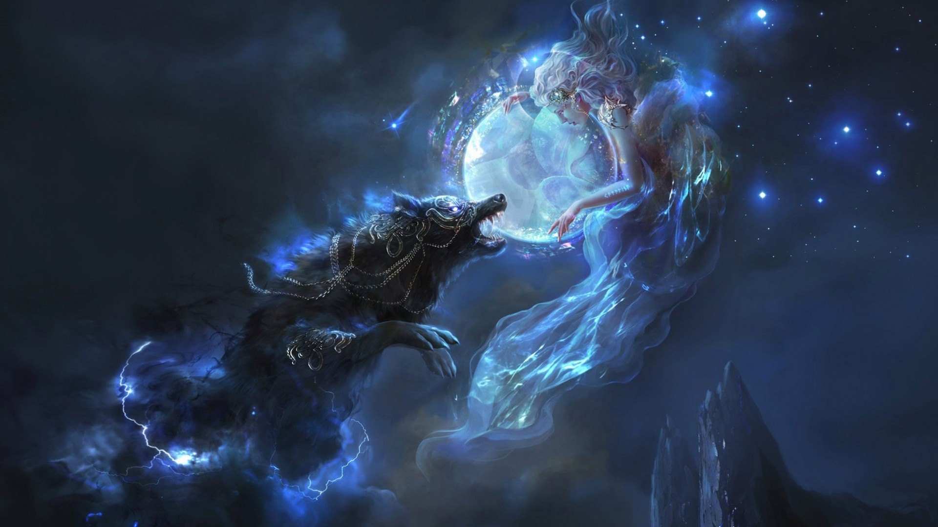 Fantasy Girl, Wolf, Lights, Stars, Magic - Wolf Fantasy - HD Wallpaper 