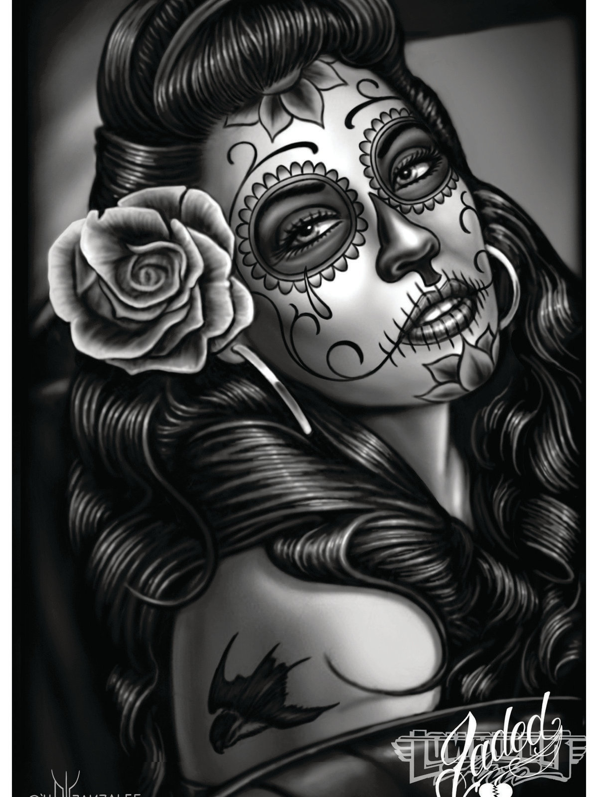 Sugar Skull And Jaded Chola Image - Dia De Los Muertos Girl Drawing - HD Wallpaper 