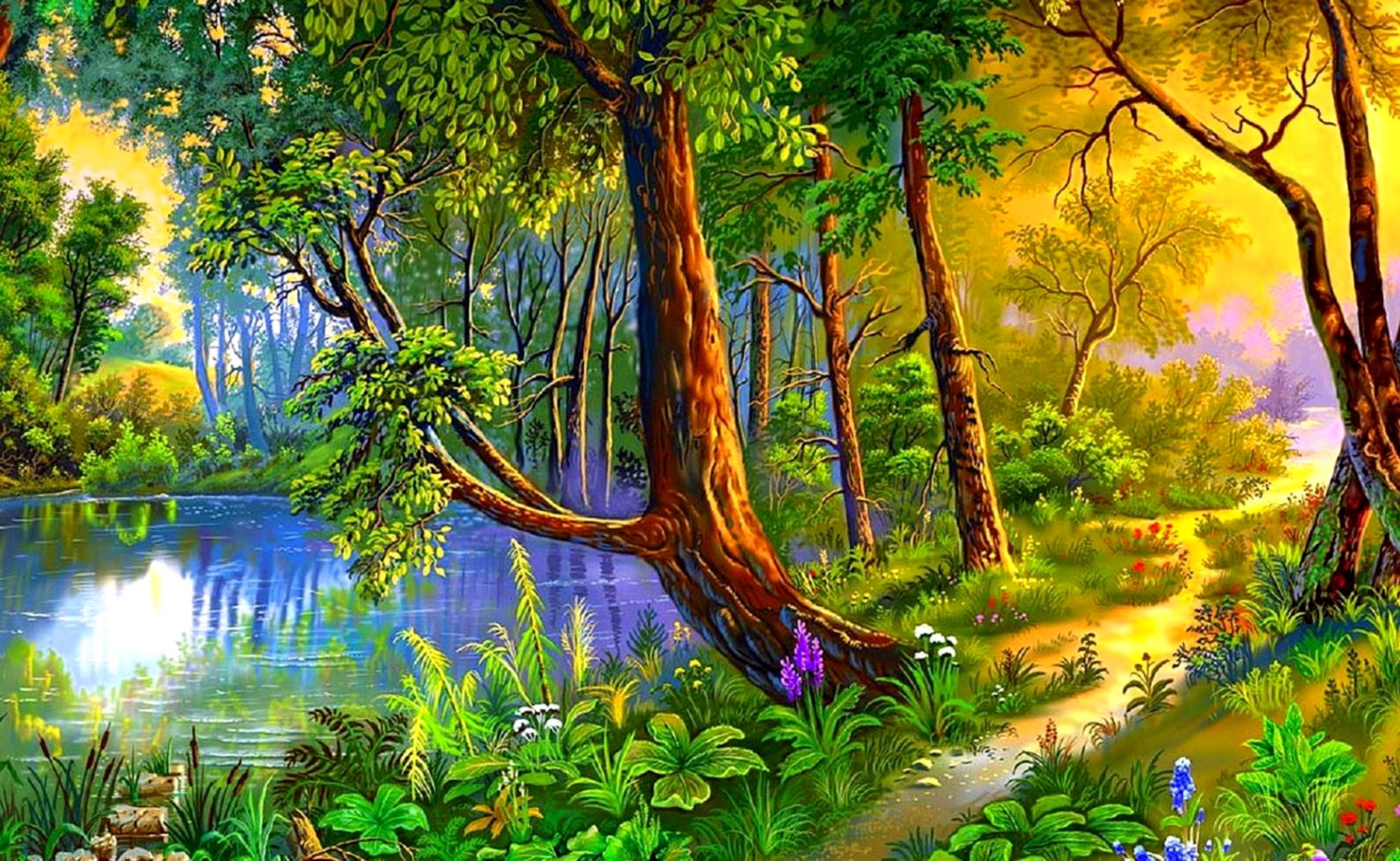 Forest Path Colorful Paintings Sidewalk Love Seasons - August 2019 Desktop Calendar - HD Wallpaper 