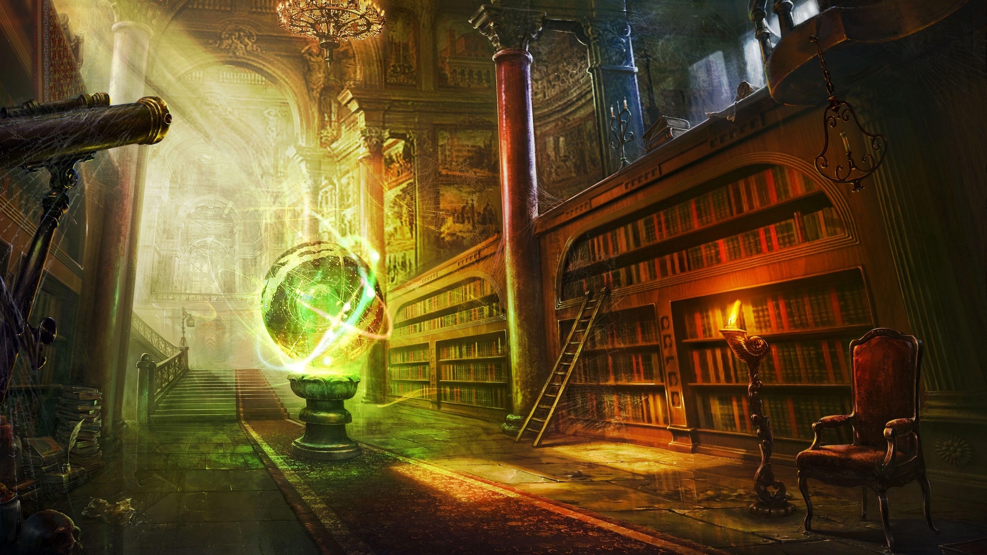 Wallpaper Magic, Ball, Library, Columns, Castle - Library Fantasy Art - HD Wallpaper 