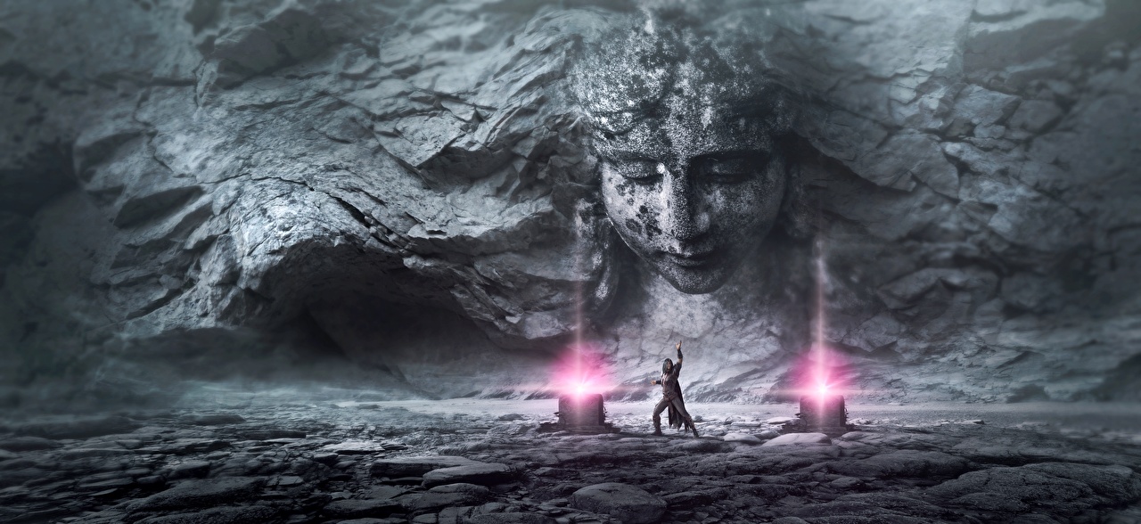 Giant Stone Face Drawing Fantasy - HD Wallpaper 