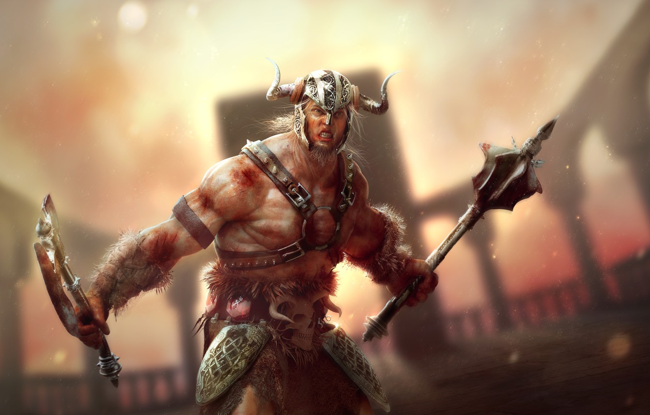 Photo Wallpaper Anger, Blood, Helmet, Axe, Barbarian - Barbarian - HD Wallpaper 