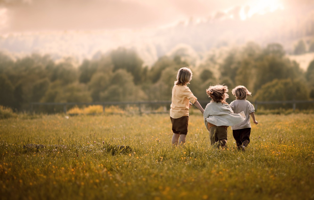 Photo Wallpaper Field, Summer, Clouds, Nature, Children, - Village Boys - HD Wallpaper 
