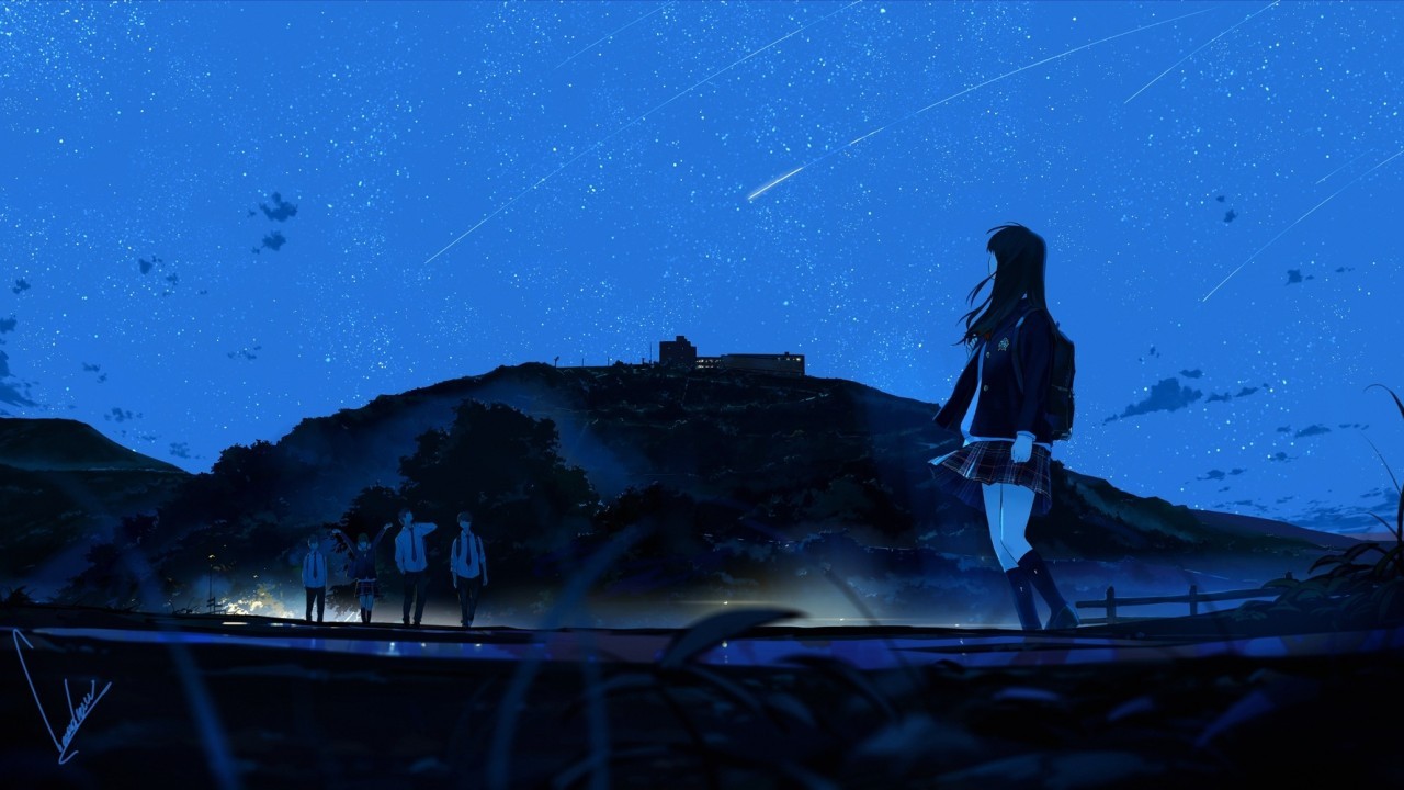 Anime Girl, School Friends, Night, Stars, Sky, School - Anime Girl Black Hair At Night - HD Wallpaper 