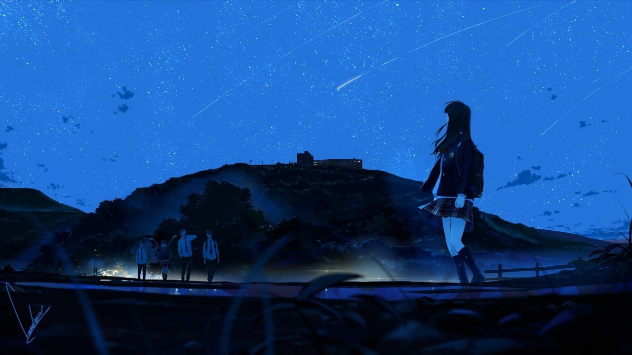 Anime Girl, School Friends, Night, Stars, Sky, School - Anime Girl Black Hair At Night - HD Wallpaper 