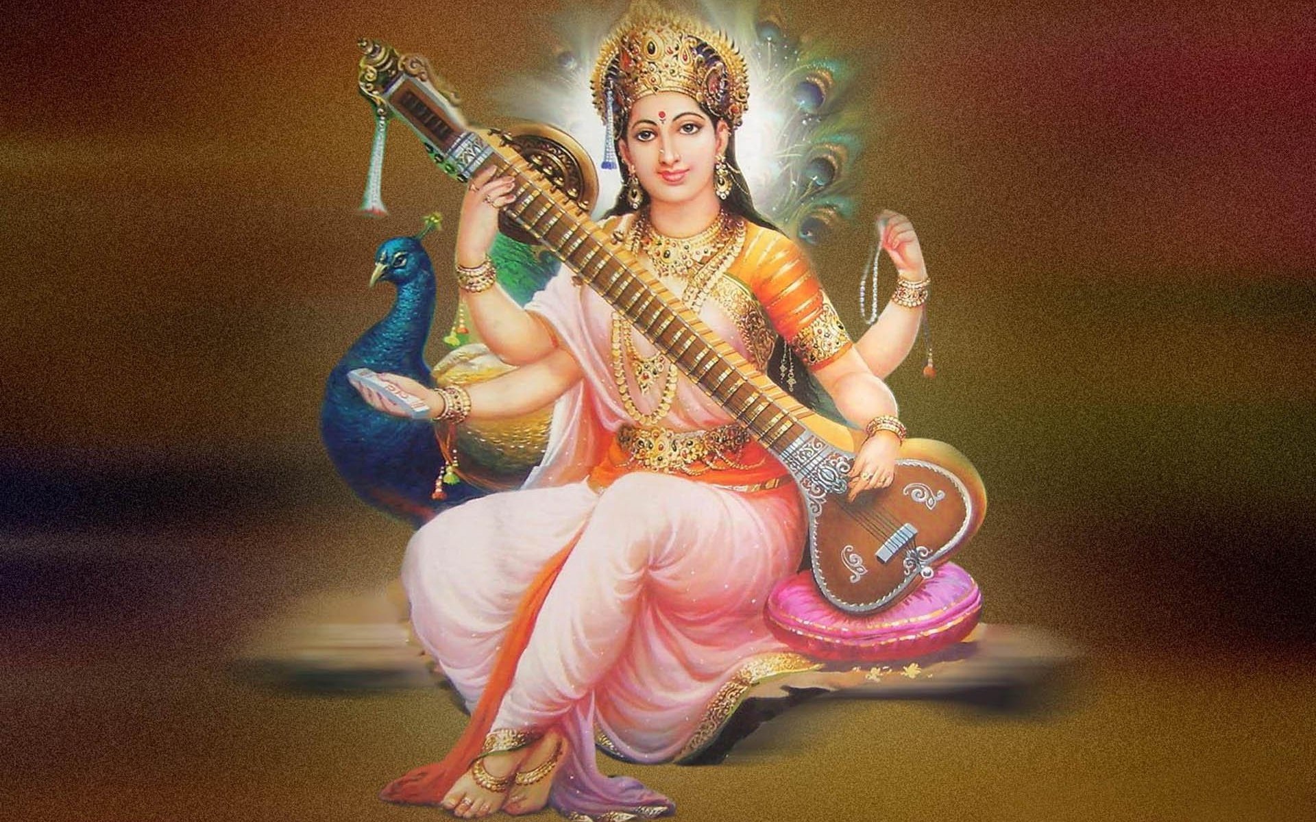 Sarasvati Maa Sharada Vidya Devu Goddess Wallpapers - Saraswati With Peacock Hd - HD Wallpaper 