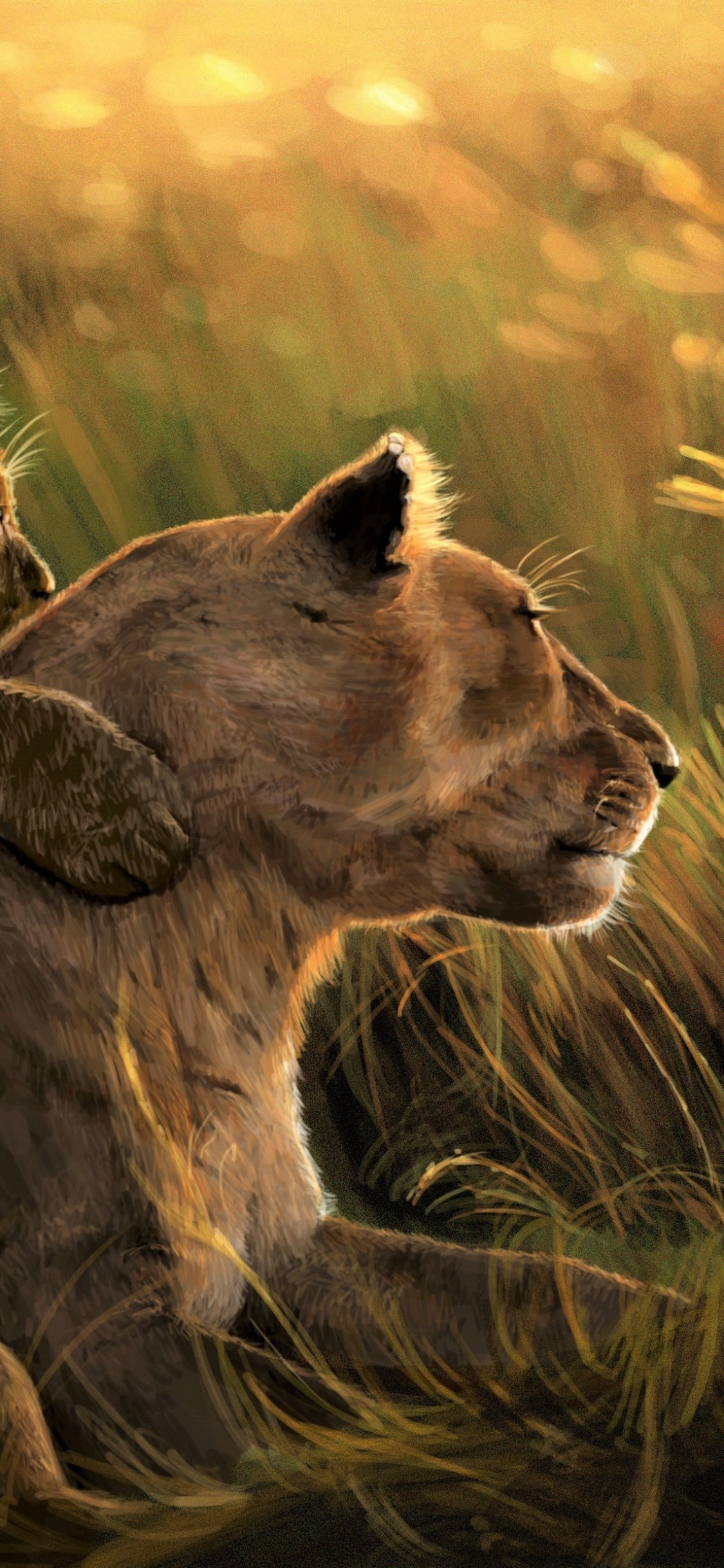 Lion, Cub, Family, Artwork, Predator, Wildlife - Lion And His Mother - HD Wallpaper 