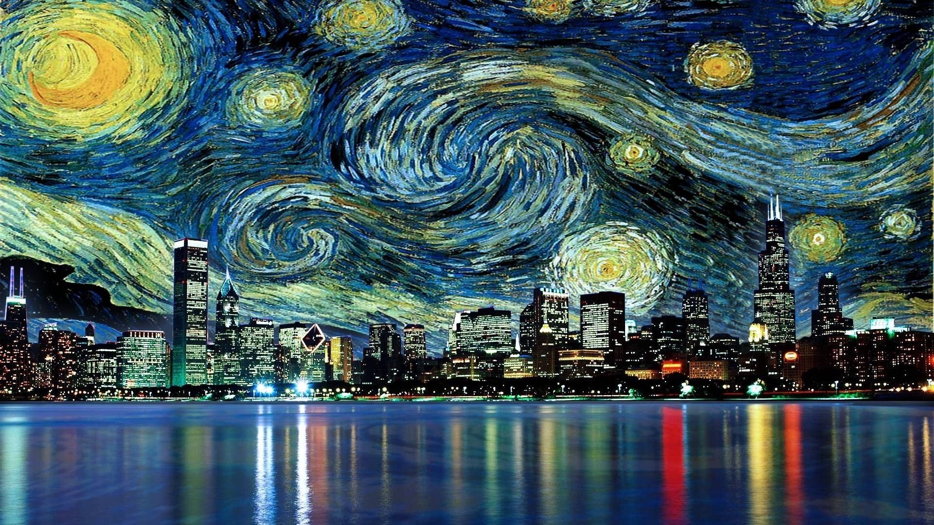 1920x1080, Vincent Van Gogh The Starry Night Free Wallpapers - Starry Night City Painting - HD Wallpaper 