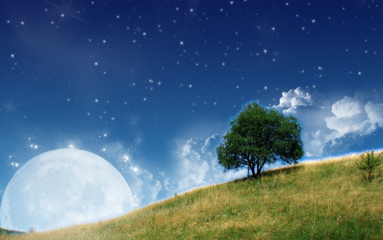 Moon Hills Tree Sky Stars Wallpapers - Hill With A Giant Moon - HD Wallpaper 