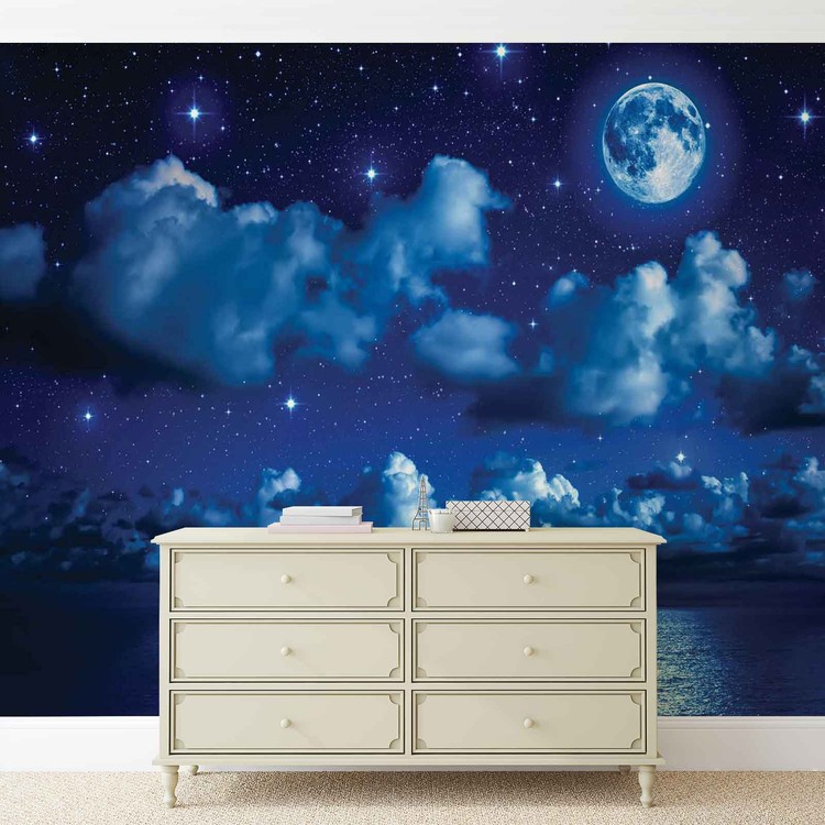 Sky Moon Clouds Stars Night Sea Wallpaper Mural - Dreamy Night Sky In Clouds - HD Wallpaper 