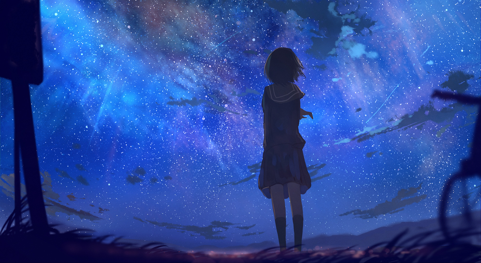 Anime Girl Night Sky - HD Wallpaper 