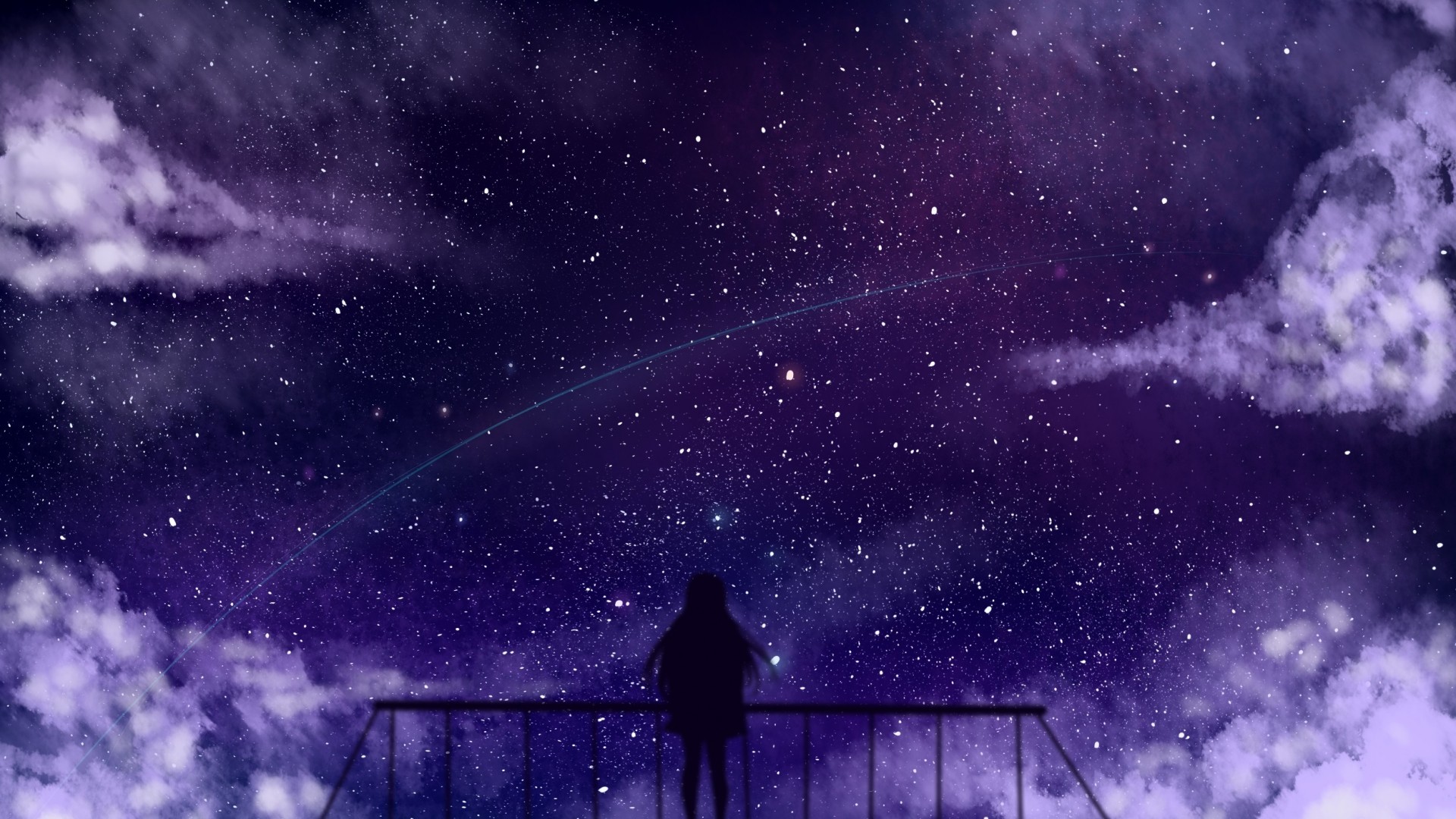 Anime Girl, Stars, Clouds, Fence, Silhouette - Anime Star Wallpaper Hd - HD Wallpaper 