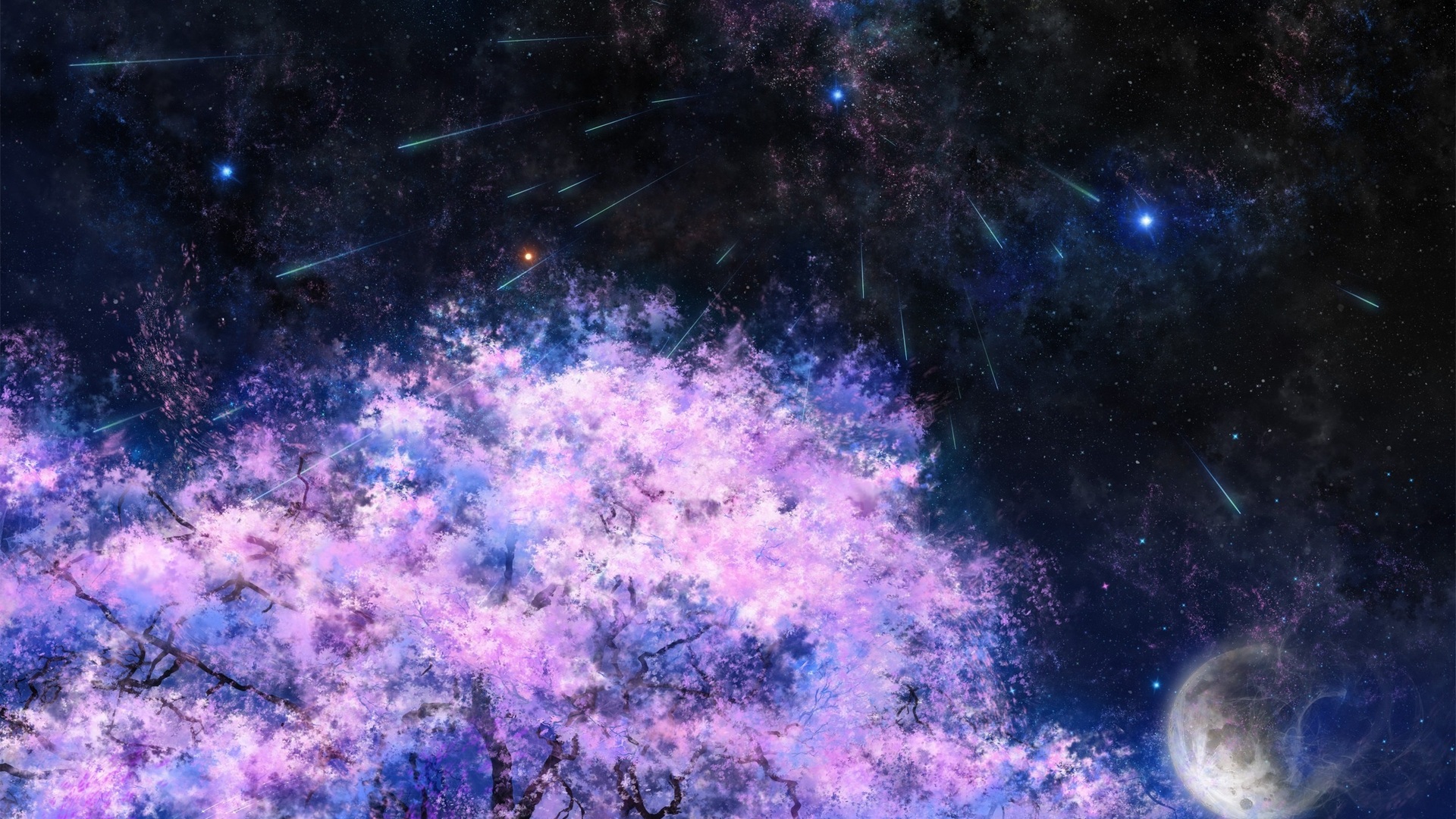 Tree, Sakura, Tsujiki, Space, The Moon, Stars, Art, - Cherry Blossom Night Wallpaper Anime - HD Wallpaper 