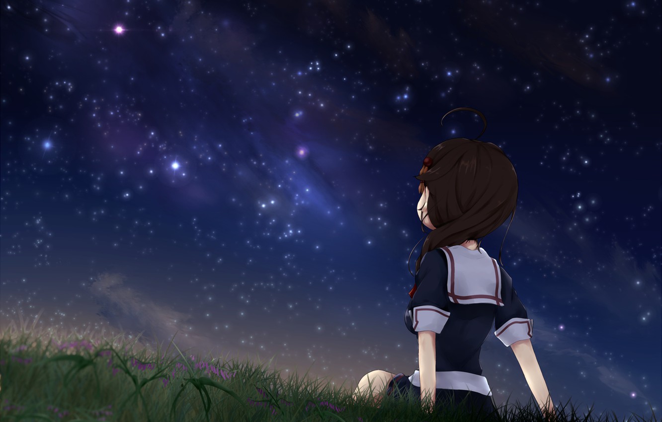 Photo Wallpaper The Sky, Night, Stars, Anime, Art, - Anime Girl Looking At The Night Sky - HD Wallpaper 