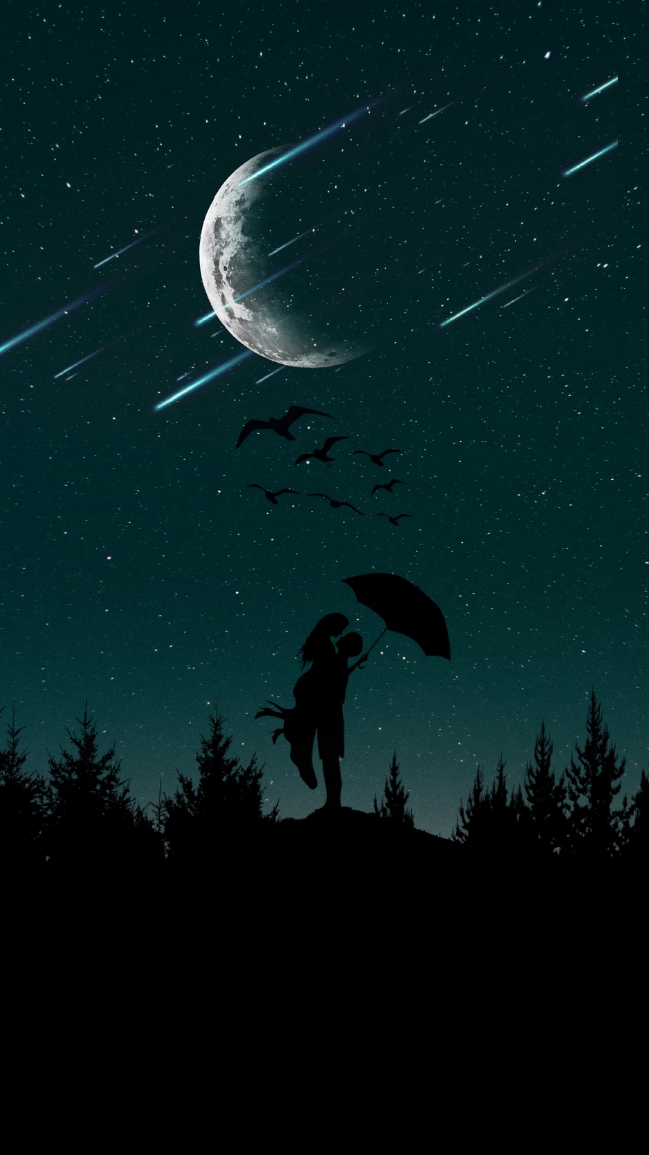 Wallpaper Couple, Silhouettes, Starry Sky, Love, Umbrella, - Romantic Moon And Stars - HD Wallpaper 