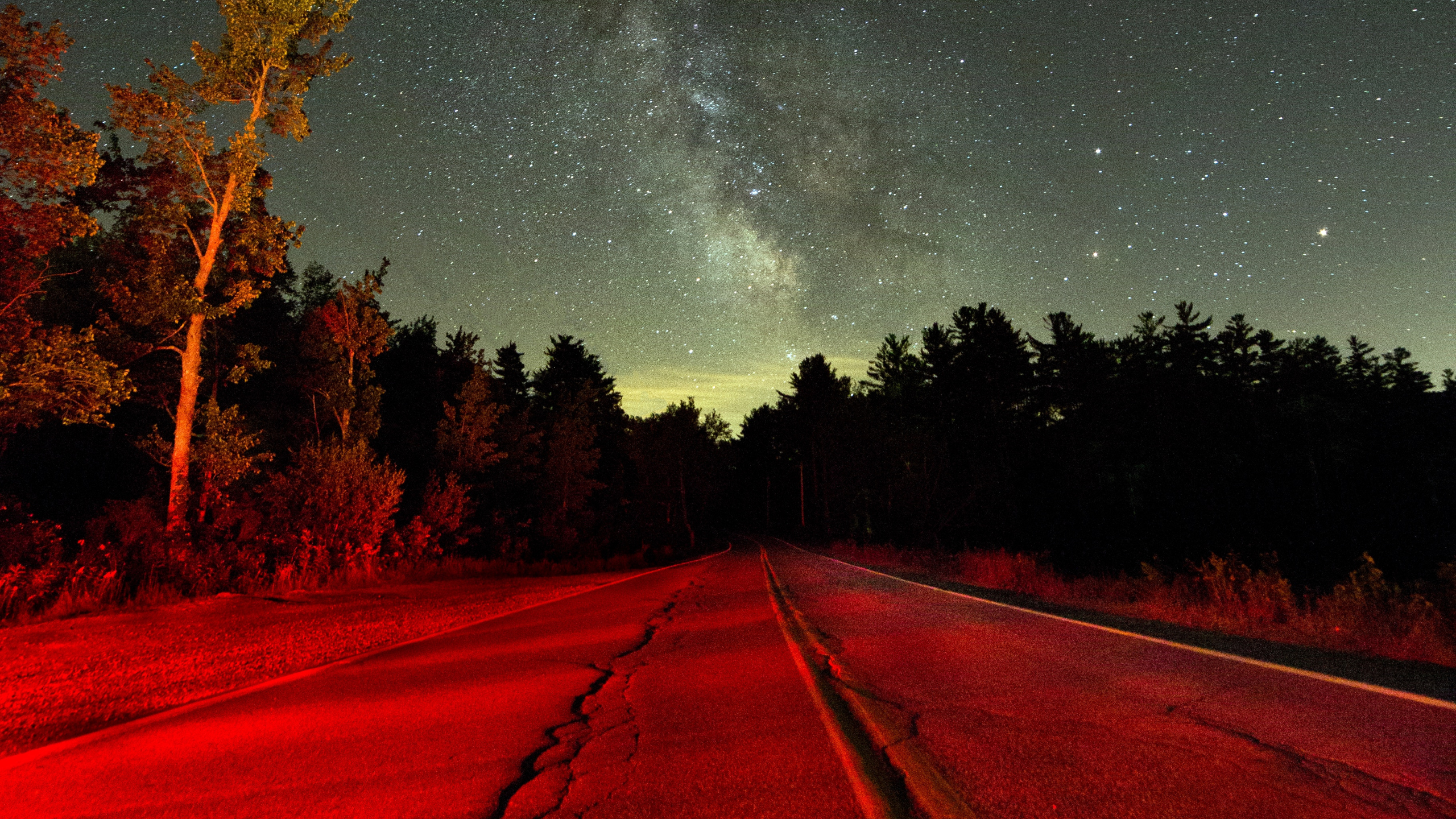 Wallpaper Of Starry Sky, Night, Road, Light, Trees - Red Road Starry Night - HD Wallpaper 