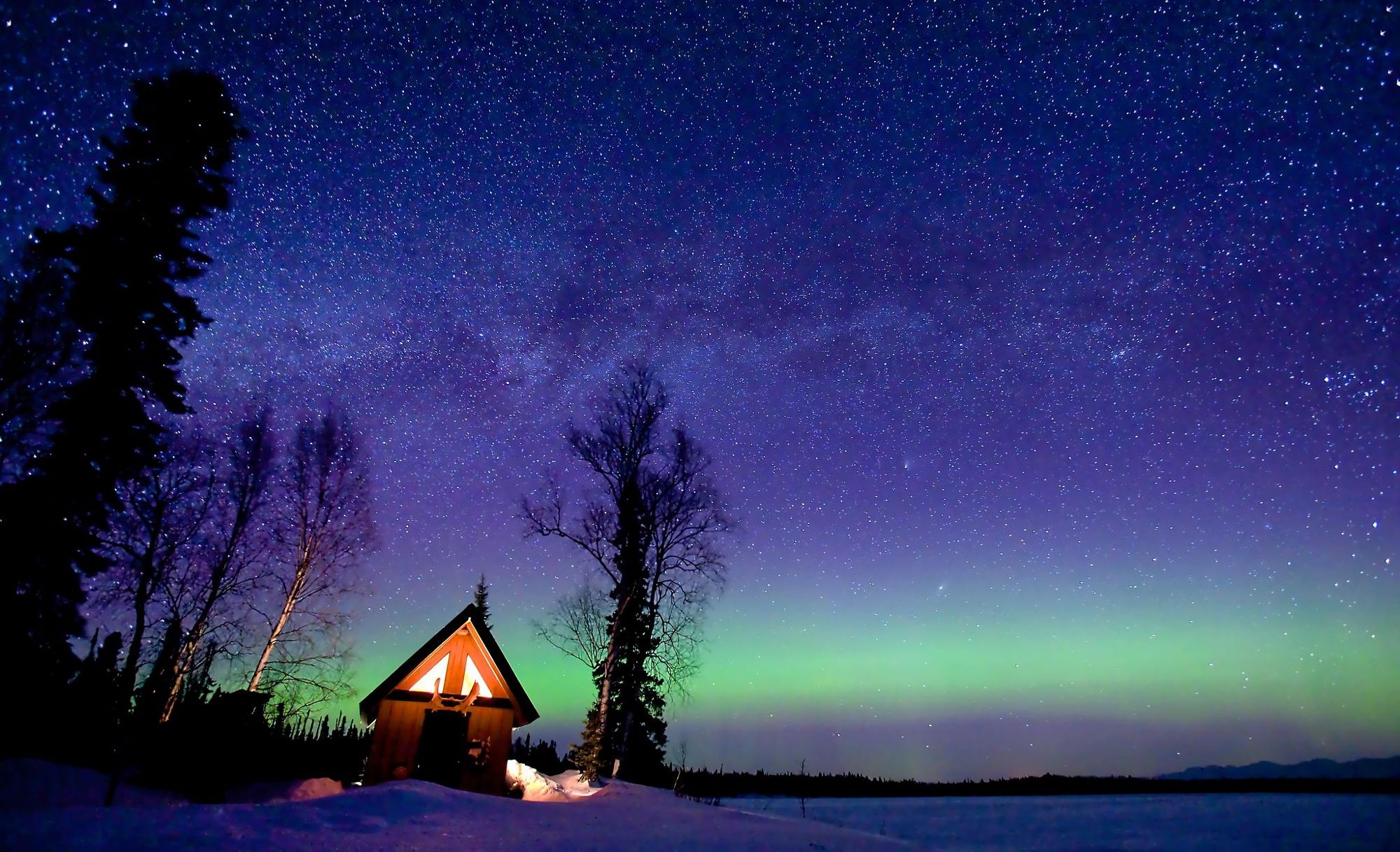 Starry Sky Over Winter Cabin Full Hd Wallpaper And - Winter Cabin - HD Wallpaper 