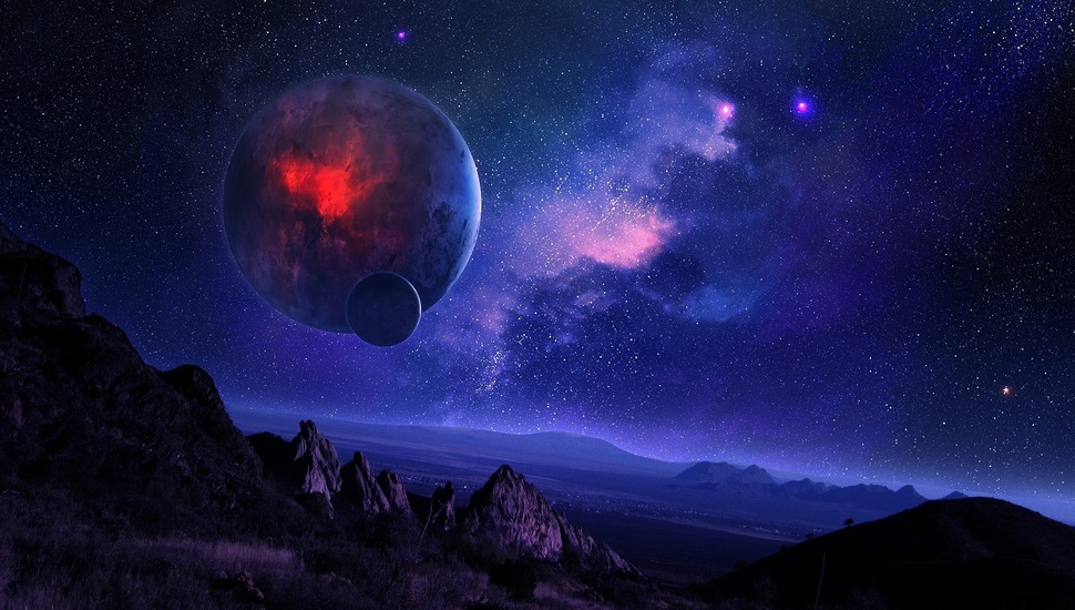 Planet, Space, Starry Sky, Night, Satellite, Mountains - Night Sky With Planets - HD Wallpaper 