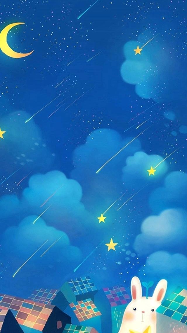 Starry Night Wallpaper Cute Dreamy Rabbit Moon Shooting - Cute Moon Wallpaper Iphone - HD Wallpaper 