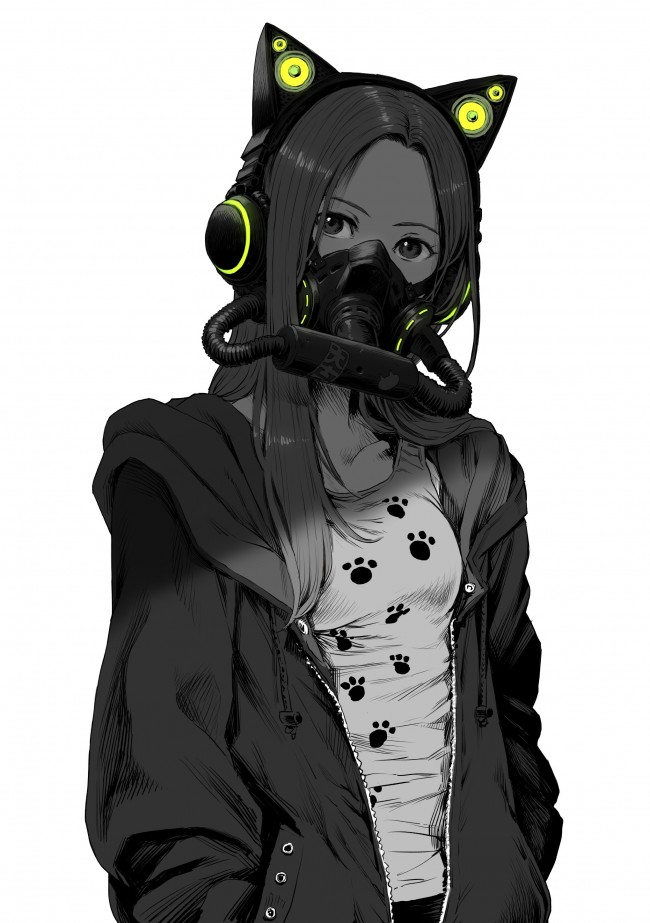 Anime Girl, Mask, Jacket, Black And White, Manga Style - Anime Black Style Girl - HD Wallpaper 