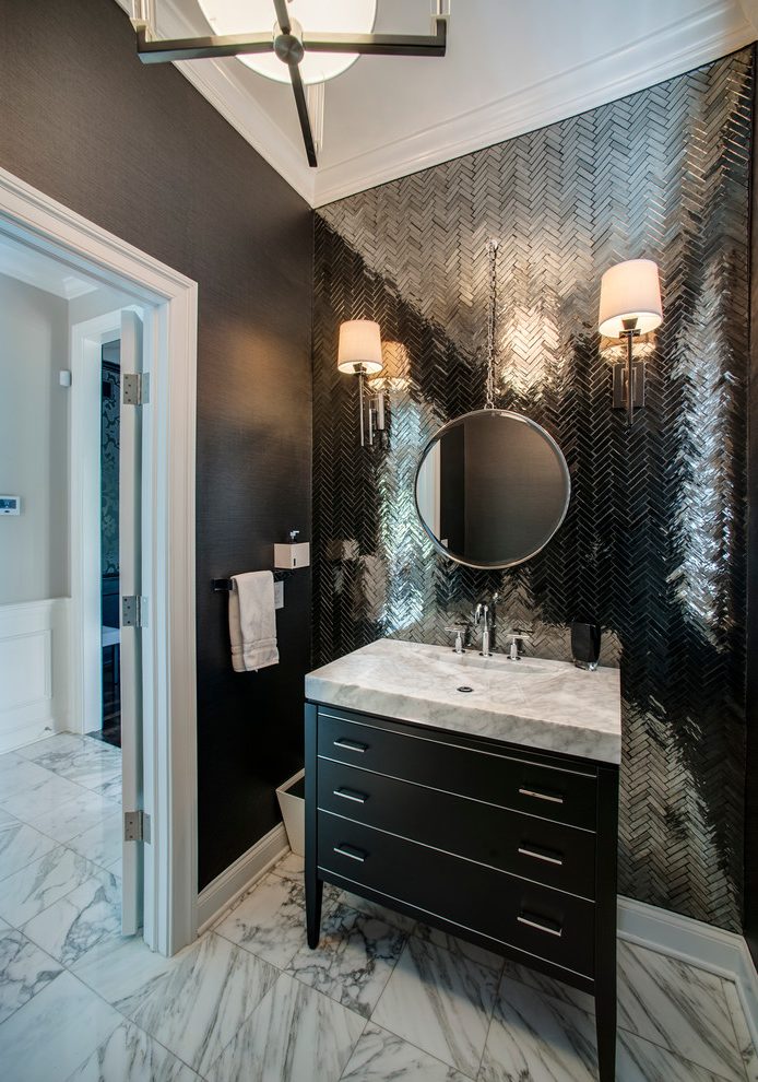Philadelphia Polished Nickel Mirror With Black Bathroom - Mirrored Wall Powder Room - HD Wallpaper 
