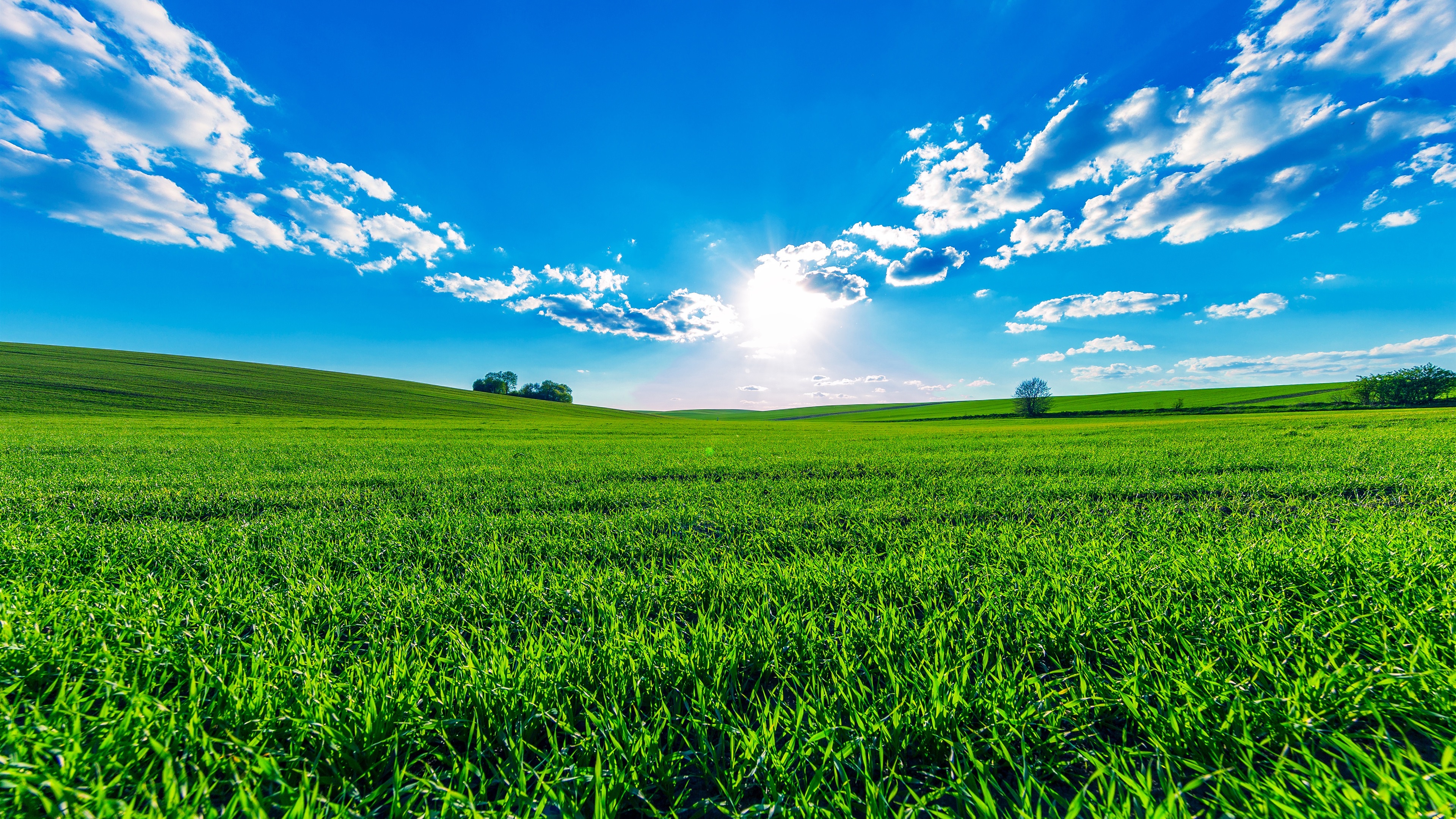 Wallpaper Green Fields, Blue Sky, Clouds, Sun, Beautiful - Картинки Про Лето Природа - HD Wallpaper 