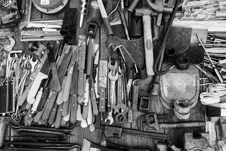 Grayscale Photo Of Assorted Tools, Black, Black And - HD Wallpaper 