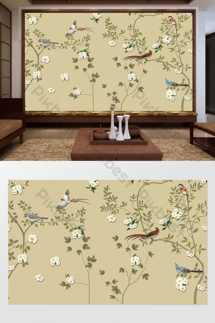 3d Flower And Bird Foliage Background Wall - Wall - HD Wallpaper 