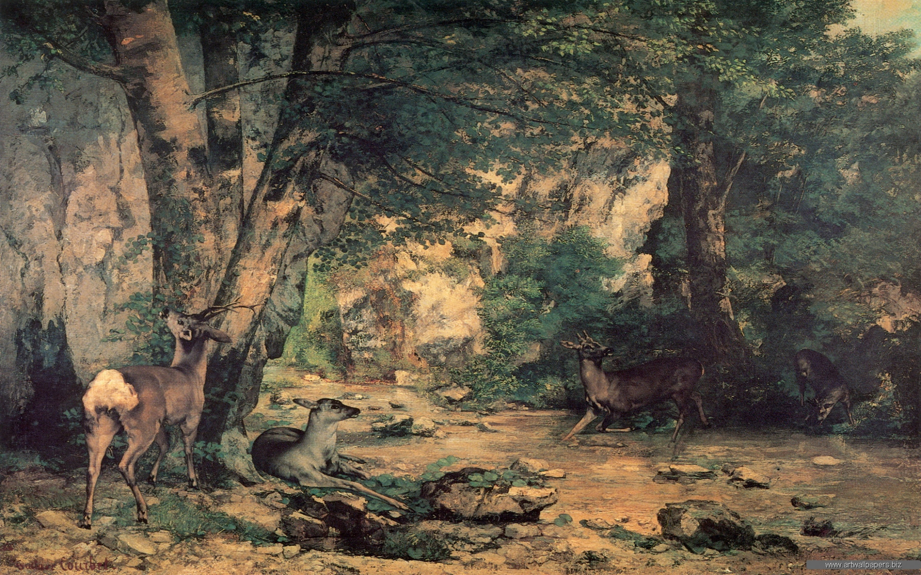 Classic Art Wallpapers For Desktop - Deer In The Forest Courbet - HD Wallpaper 