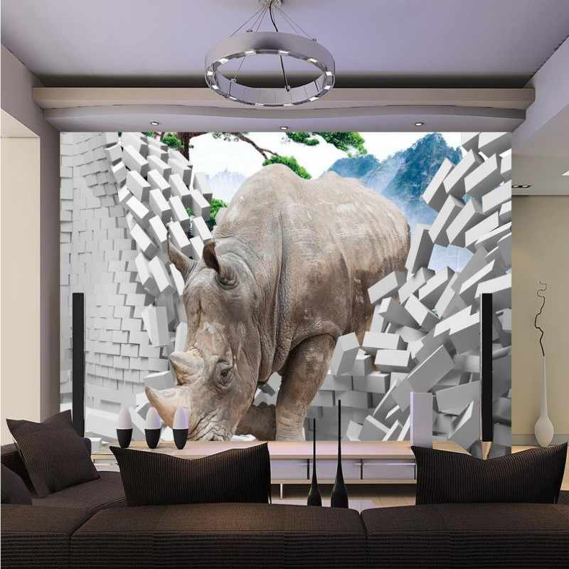 Custom Wallpaper Poqiang Pitch Rhino 3d Photo Wallpaper - Фотообои Дыра В Стене - HD Wallpaper 
