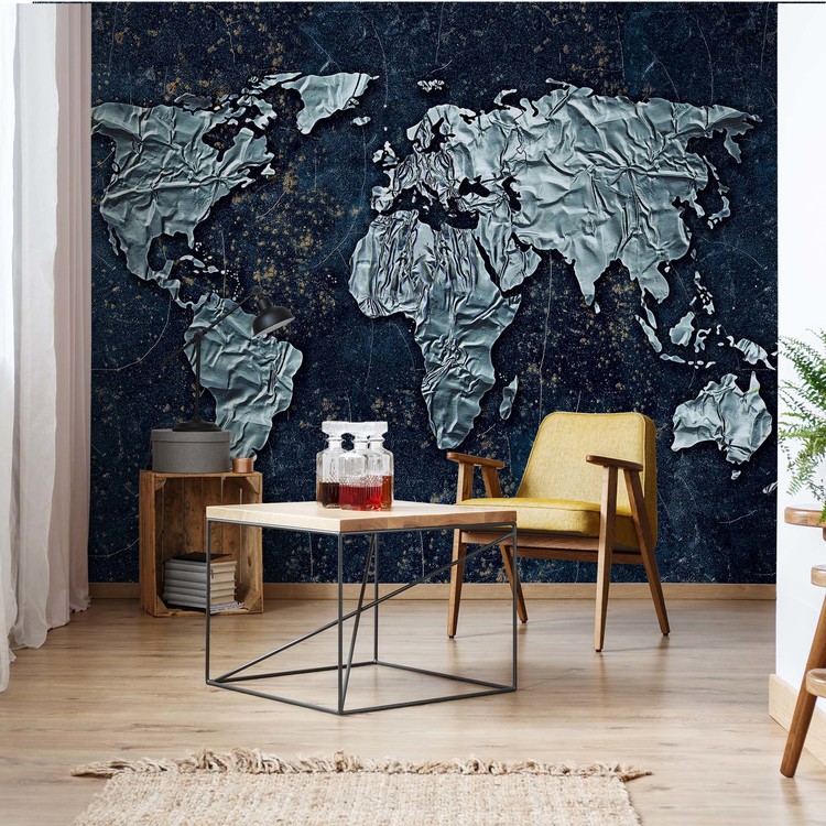 Modern 3d World Map Wallpaper Mural - Black And Golden Texture Walls - HD Wallpaper 