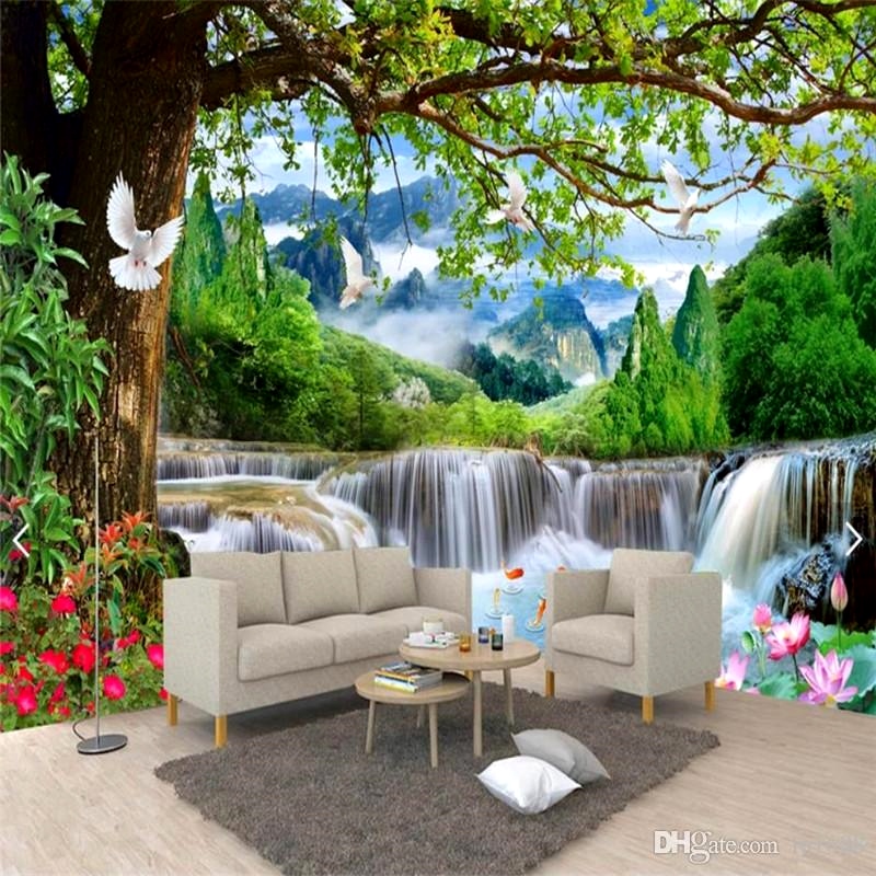 3d Photo Wallpaper Nature Scenery Green Big Tree Forest - Tree Forest Waterfall Wallpaper 3d - HD Wallpaper 