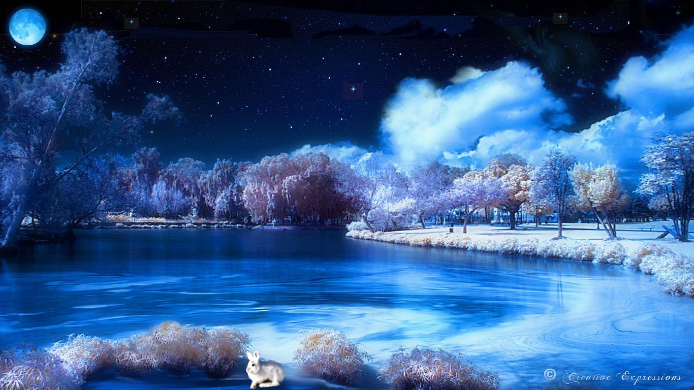 Blue Lake At Night Wallpaper Hd - Theme For Desktop Background - 1366x768  Wallpaper 
