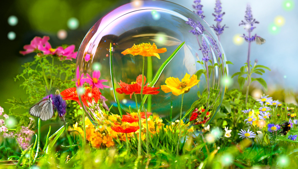 Ball, Reflection, Nature, Bubble, Meadow, Flowers, - Flower Nature  Wallpaper Hd 3d - 970x550 Wallpaper 