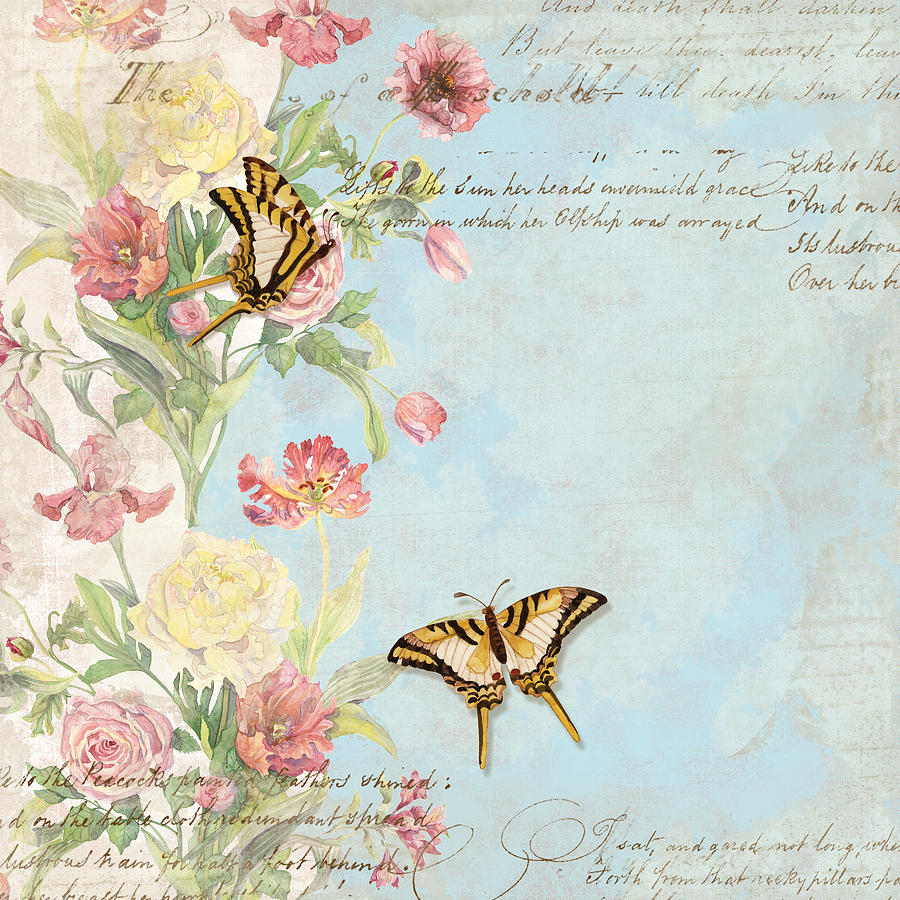 Vintage Flowers And Butterflies Painting - HD Wallpaper 