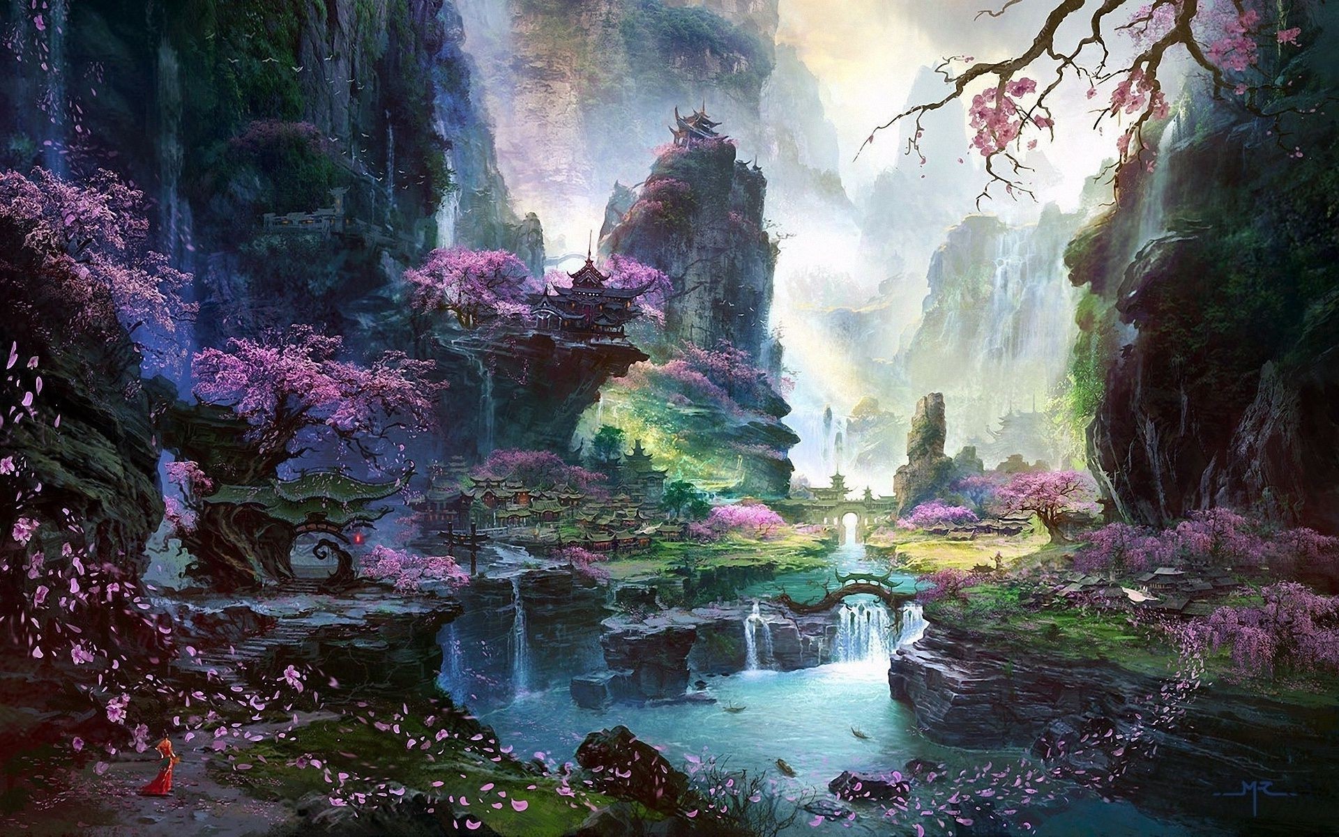 1920x1201, Waterfall River Landscape Asia Art Sakura - Landscape Asian Fantasy Art - HD Wallpaper 