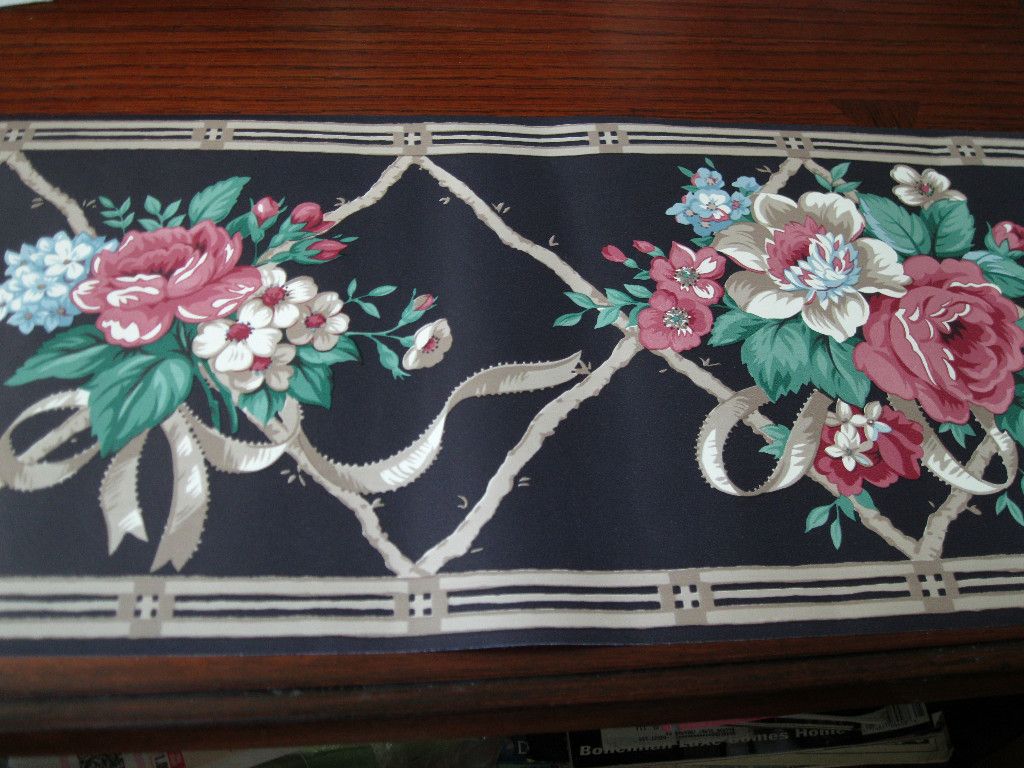 Cottage Roses Bouqet Ribbons Navy Blue Waverly Wallpaper - Motif - HD Wallpaper 