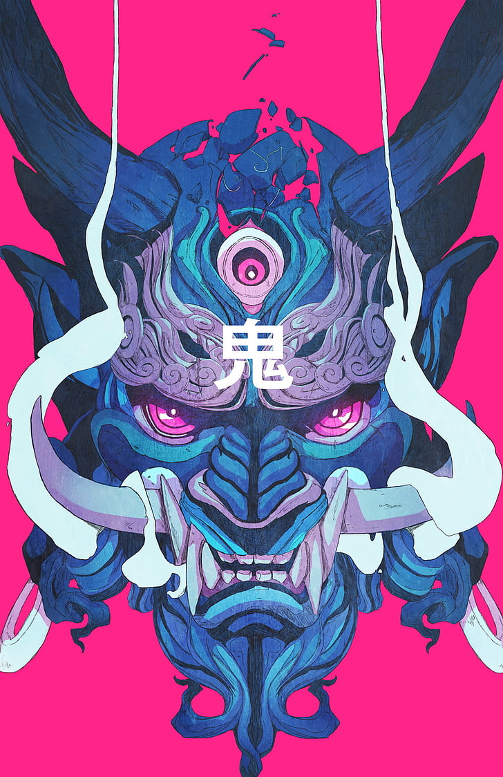 Blue And Gray Oni Mask Digital Wallpaper, Demon, Samurai, - Japanese Oni - HD Wallpaper 